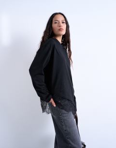 Asymmetric lace trim oversized skater tee in black