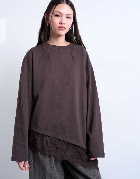Topshop asymmetric lace trim oversized skater top in chocolate - view 1