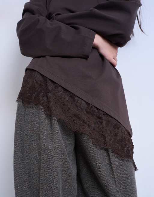 Topshop asymmetric lace trim oversized skater top in chocolate, 4 of 4