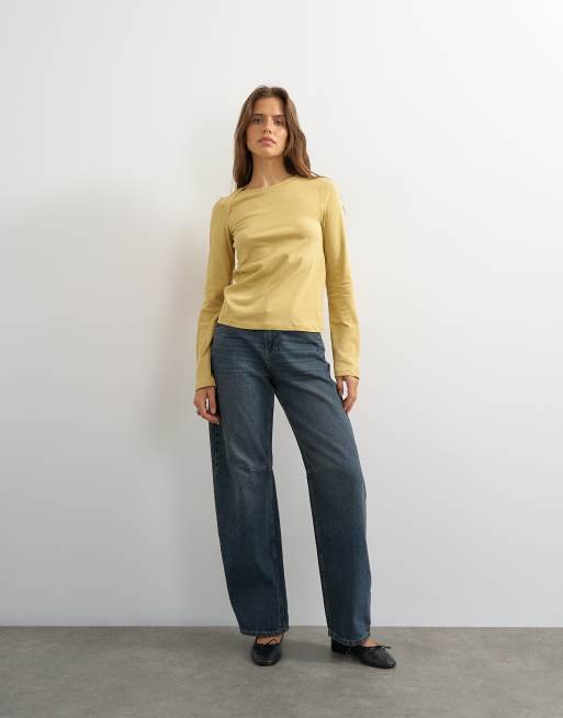 Topshop asymmetric long sleeve t-shirt in mustard, 3 of 4