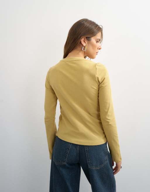 Topshop asymmetric long sleeve t-shirt in mustard, 4 of 4