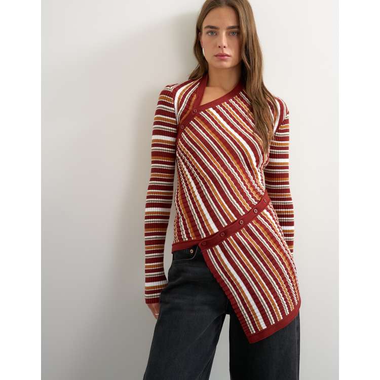 Topshop asymmetric longline rib knit top in red stripes | ASOS