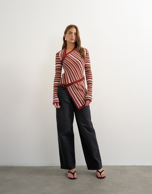 Topshop asymmetric longline rib knit top in red stripes | ASOS