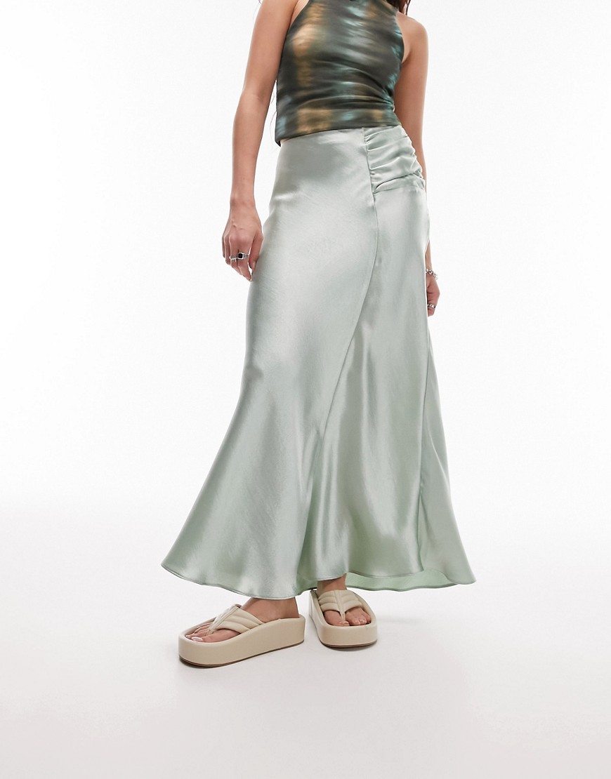 Topshop asymmetric maxi skirt with ruched panel in light green-Blue