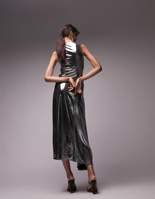 Topshop Bandeau Metallic Midi Dress in Silver