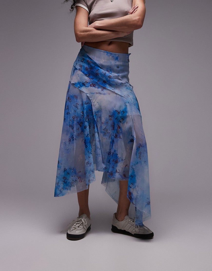 Topshop asymmetric midi skirt in blue washed floral-Multi