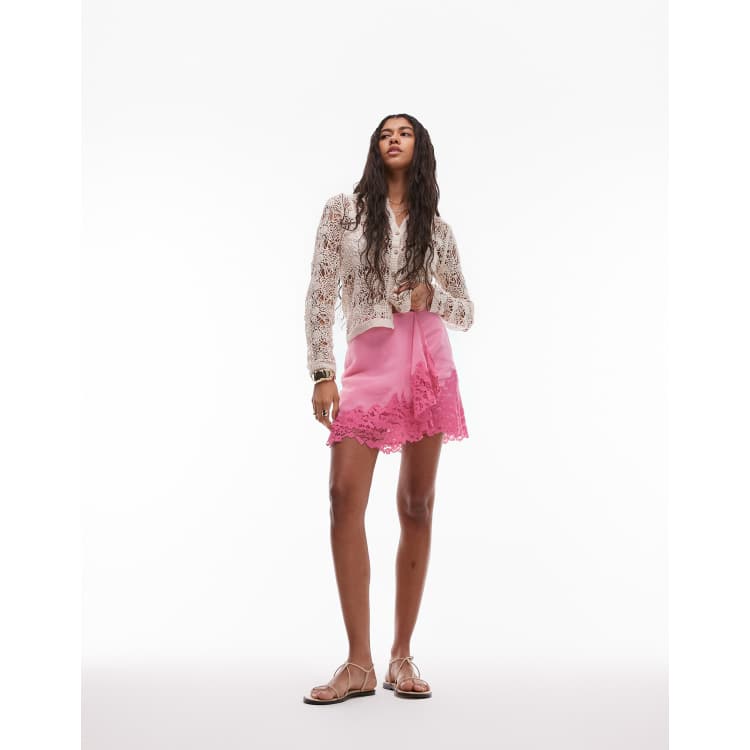 Topshop asymmetric mini skirt with lace trim in pink | ASOS