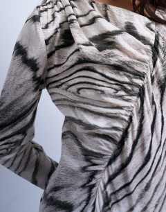 Model wearing Asymmetric mini tea dress in mono abstract print
