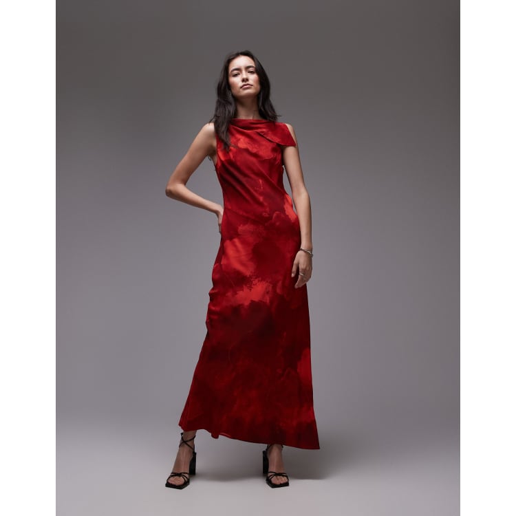 Topshop asymmetric neck bias cut midi dress in red mineral ASOS