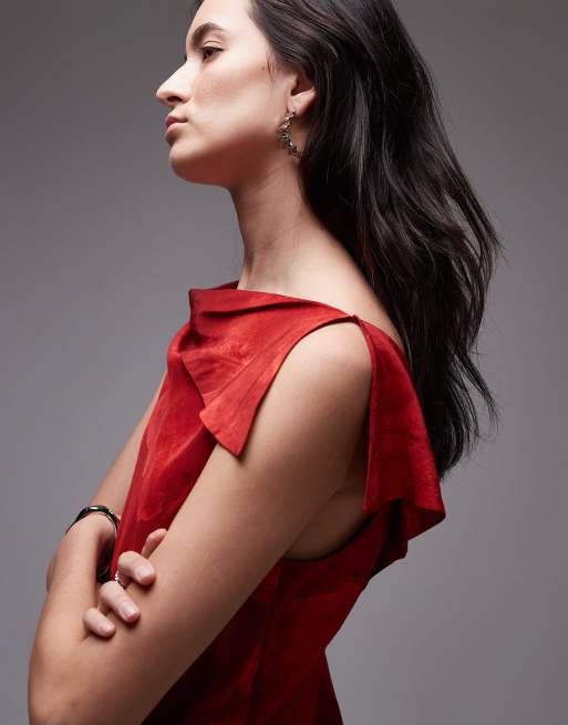 topshop red midi dress NWT~TOPSHOP Women Coral Red Textured Plunge V-Neck Midi Dress Size 2
