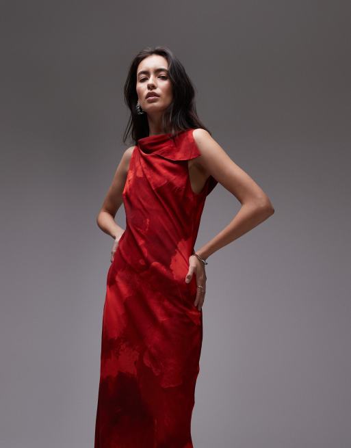 Topshop asymmetric neck bias cut midi dress in red mineral