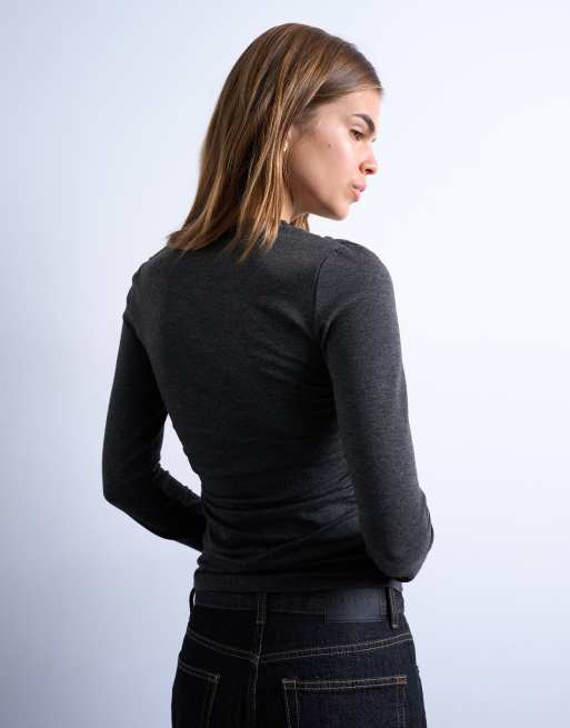 Topshop asymmetric neckline brushed ruched long sleeve top in charcoal grey, 4 of 4