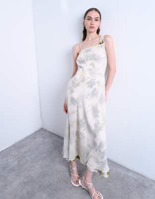 asymmetric neckline double layered maxi dress in painterly floral-Multi