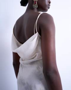 Model wearing Asymmetric neckline double layered maxi dress in painterly floral