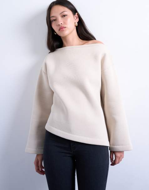 Topshop asymmetric off shoulder sweatshirt in beige - view 1