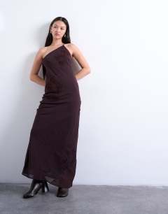 Asymmetric one shoulder 3D flower midi dress in chocolate