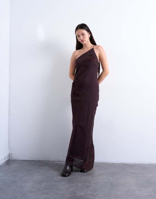 Topshop asymmetric one shoulder 3D flower midi dress in chocolate, 3 of 4