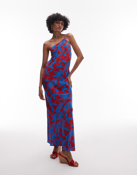 Topshop asymmetric one shoulder open back midi occasion dress in bold red and blue floral - view 1