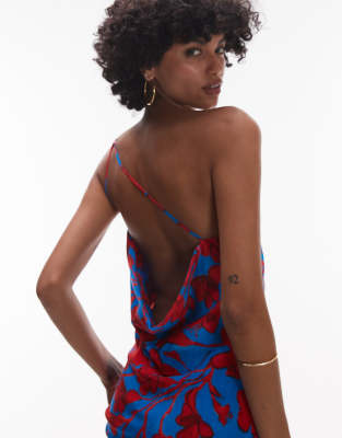 Topshop asymmetric one shoulder open back midi occasion dress in bold red and blue floral