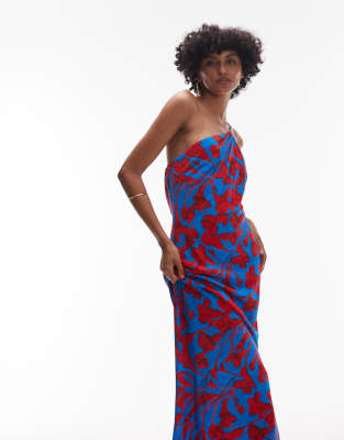 Topshop asymmetric one shoulder open back midi occasion dress in bold red and blue floral