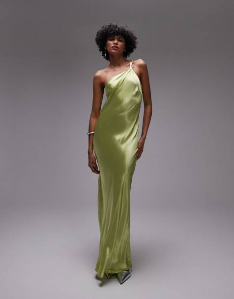 Topshop asymmetric one-shoulder open-back midi occasion dress in lime satin - view 1
