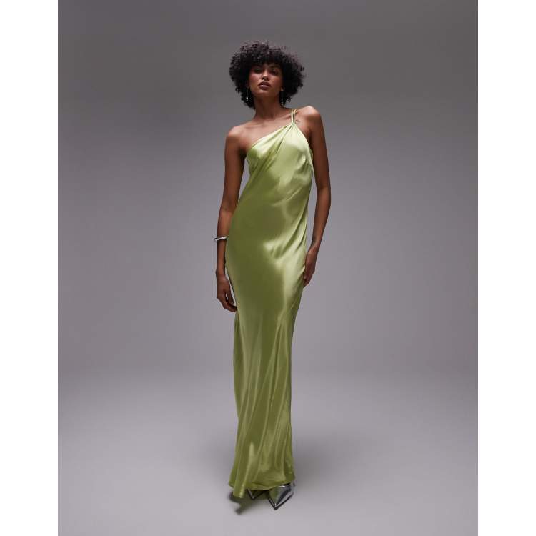 Topshop asymmetric one-shoulder open back midi occasion dress in lime satin  | ASOS