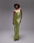 [Topshop] Topshop asymmetric one-shoulder open-back midi occasion dress in lime satin-Green 10 Lime