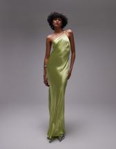 ASOS DESIGN satin long sleeve fallen shoulder cami midi dress in green