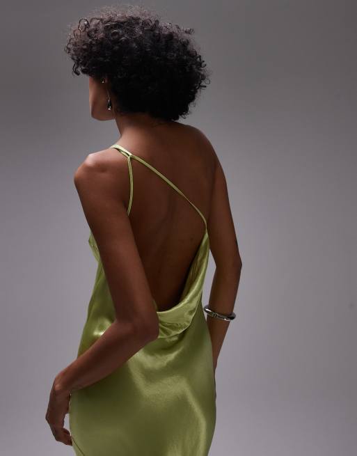 Topshop asymmetric one-shoulder open back midi occasion dress in lime satin