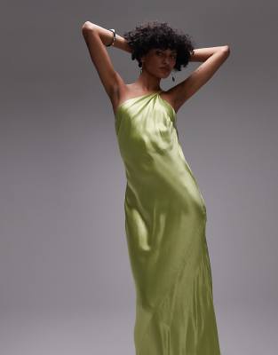 Topshop asymmetric one-shoulder open back midi occasion dress in lime satin