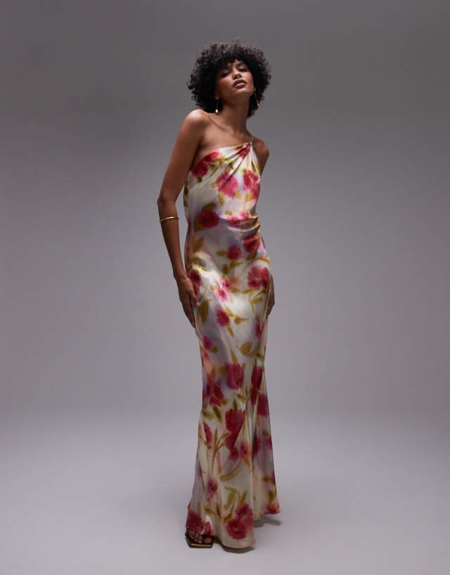 Topshop asymmetric one-shoulder open back midi occasion dress in watercolor bloom