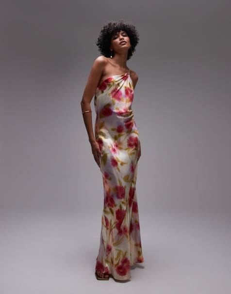Topshop asymmetric one shoulder open back midi occasion dress in watercolour bloom - view 1
