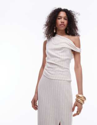 asymmetric one shoulder top in natural pinstripe-Neutral