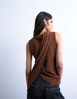 Topshop Asymmetric One Sleeve Cape Detail Top In Brown