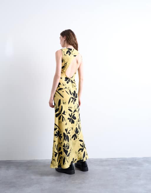 Topshop asymmetric open back dress in buttermilk leaf print