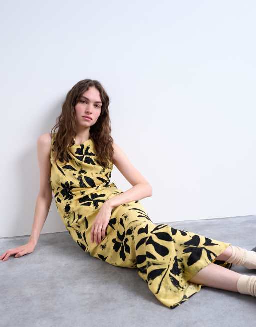 Topshop asymmetric open back dress in buttermilk leaf print