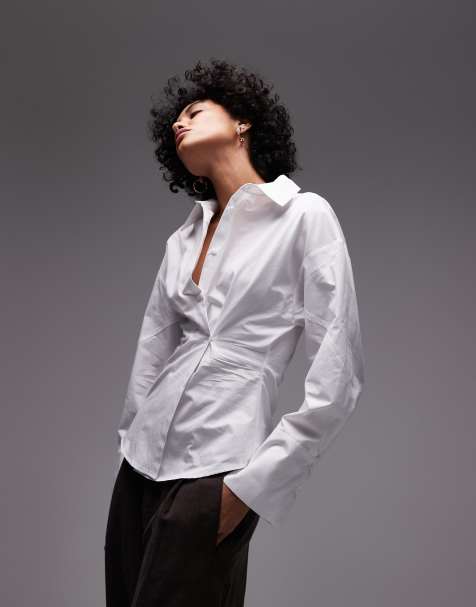 Topshop asymmetric placket cinch shirt in white - view 1