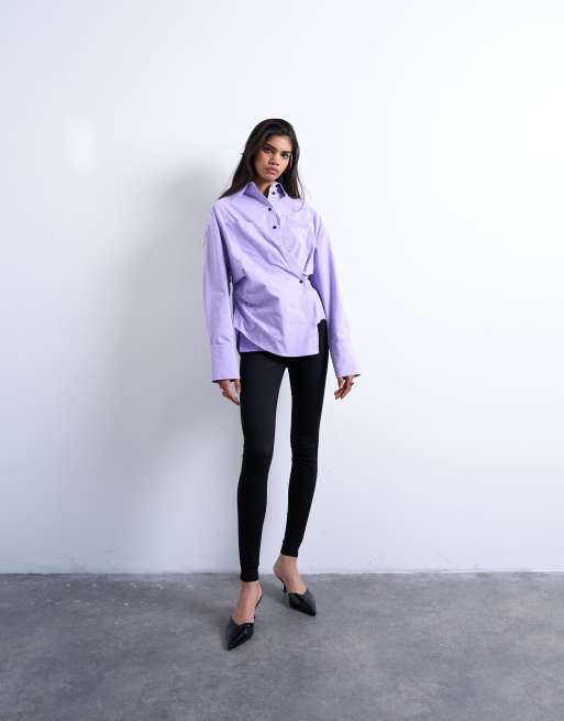 Topshop asymmetric placket long sleeve cinched waist shirt in purple, 2 of 4