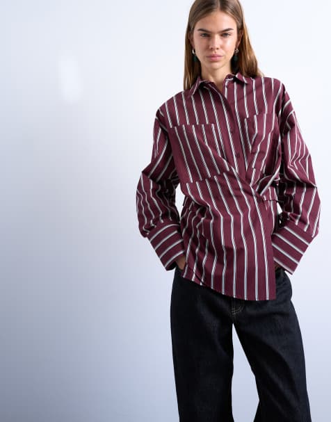 Topshop asymmetric placket waisted long sleeve cinched shirt in burgundy stripes - view 1