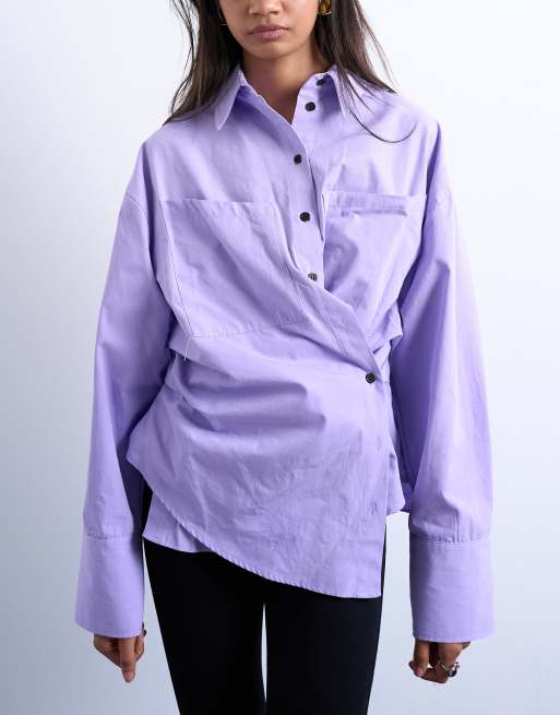 Topshop asymmetric placket waisted long sleeve shirt in purple