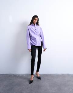 Model wearing Asymmetric placket waisted long sleeve shirt in purple