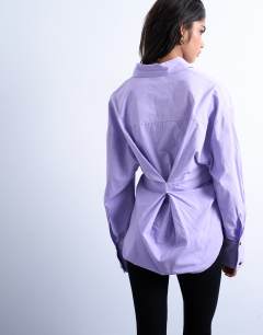 Model wearing Asymmetric placket waisted long sleeve shirt in purple