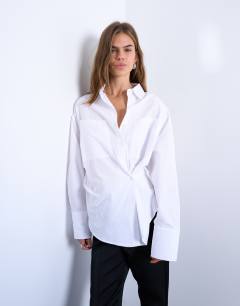 Asymmetric placket waisted long sleeve shirt in white