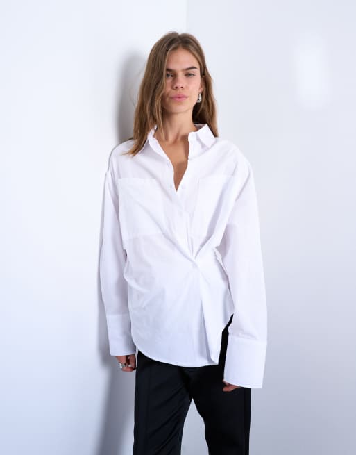 Topshop asymmetric placket waisted long sleeve shirt in white