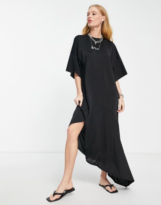 Topshop asymmetric plisse jersey chuck on dress in black