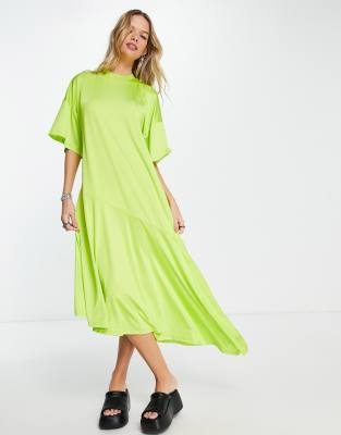 Topshop Asymmetric Plisse Jersey Throw-on Dress In Lime-green