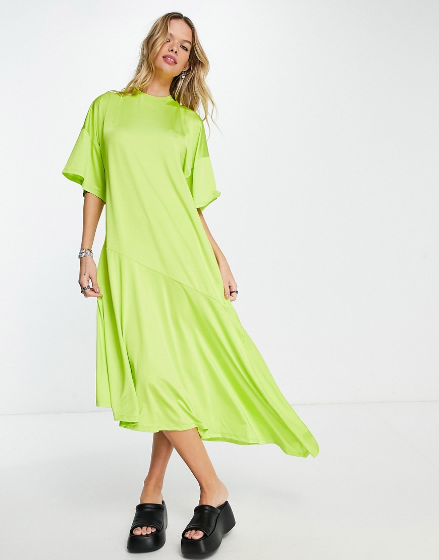 Topshop asymmetric plisse jersey throw-on dress in lime-Green