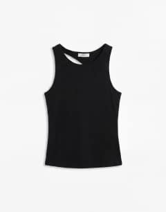 Model wearing Asymmetric racer back vest in black