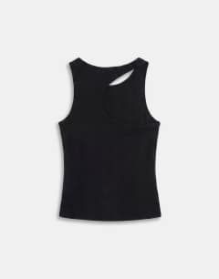 Model wearing Asymmetric racer back vest in black