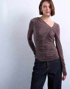 Asymmetric ruched long sleeve top in brown